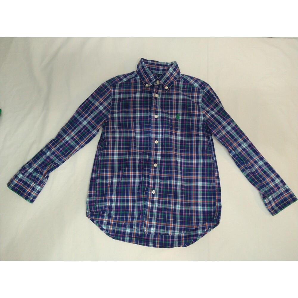 Ralph Lauren Boys Shirt Size 5 Blue Plaid 100% Cotton Button Down Long Sleeve